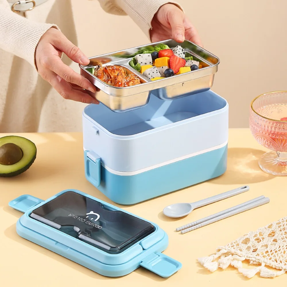 Multi-Layer 304 Stainless Steel Lunch Box Rectangular Foldable Handle Food Storage Container Double Wall Microwavable Food Boxes