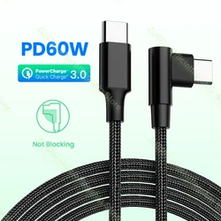 Elbow USB Type C to USB C Cable for Samsung S9 S8 PD 60W Quick Charge 3.0 USB-C Fast Cable for Macbook Pro Air USB Cord 1/2/3m