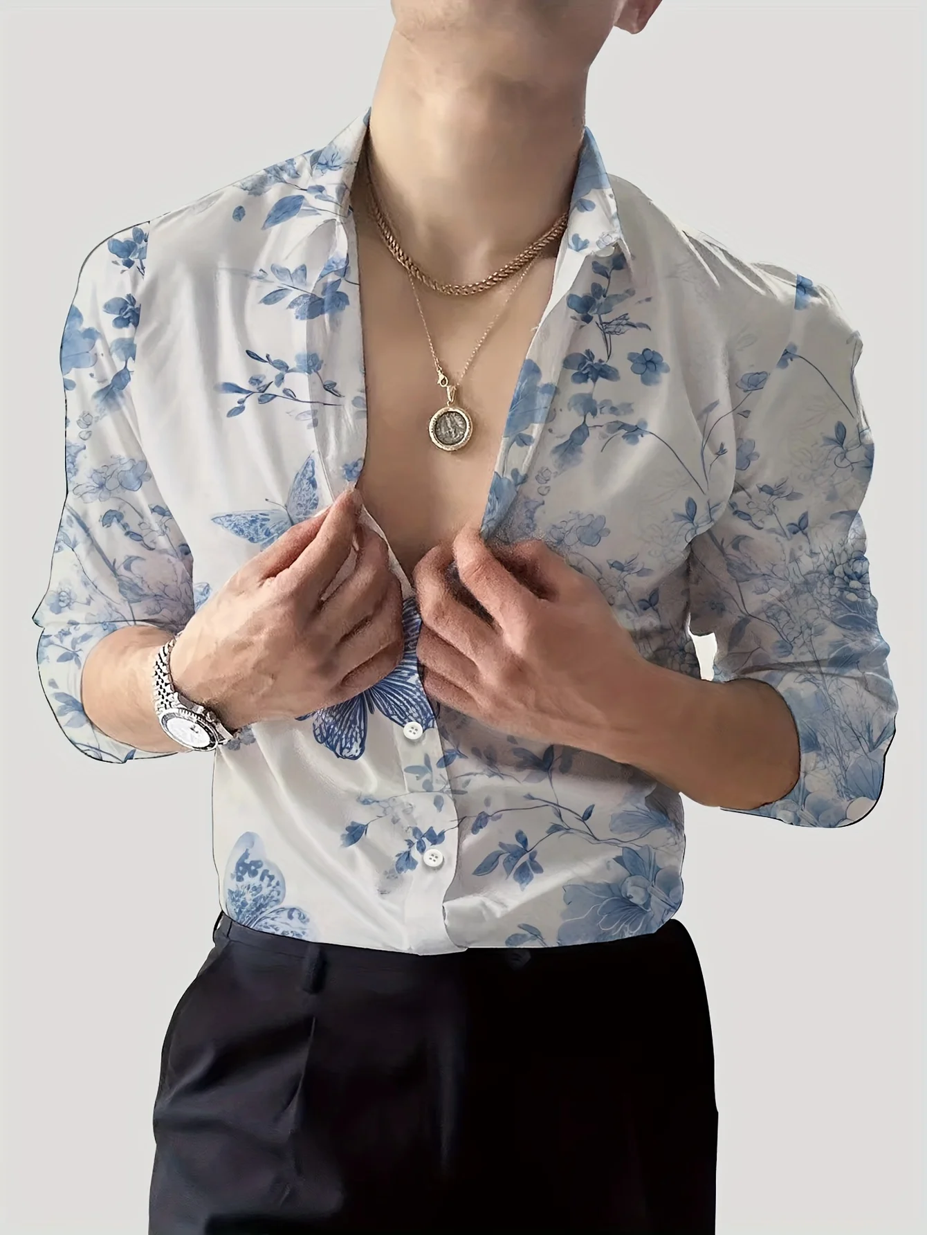 Men's Shirt Blue White Porcelain Butterfly Floral Watercolor Print Long Sleeve Button Down Top Casual Daily Business Men Clothes