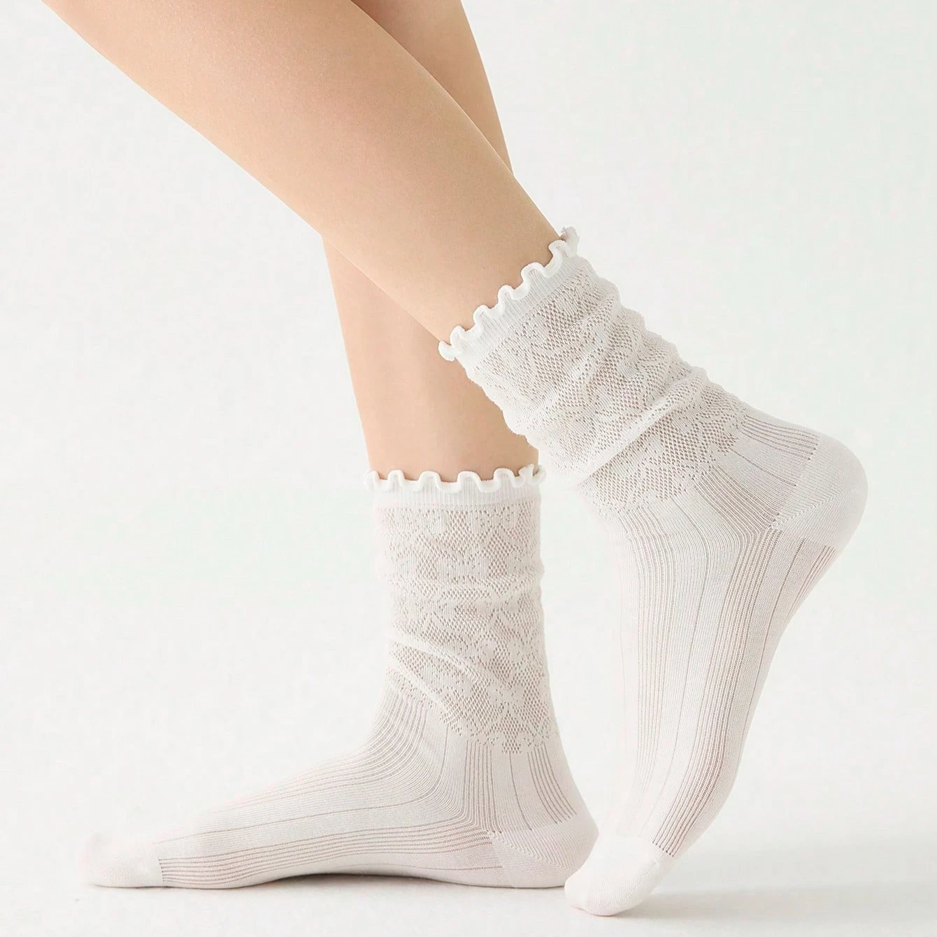 Damensocken Frühling Sommer Einfarbig Dünne Netzstrümpfe Atmungsaktiv Niedliche Spitze Modischer Koreanischer Stil Lange Socken für Frauen