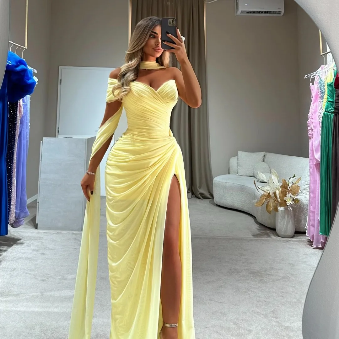 Amanda Customized Light Yellow Halter Off Shoulder Ruched Prom Dress High Slit Gown Formal Evening Elegant vestidos de noche