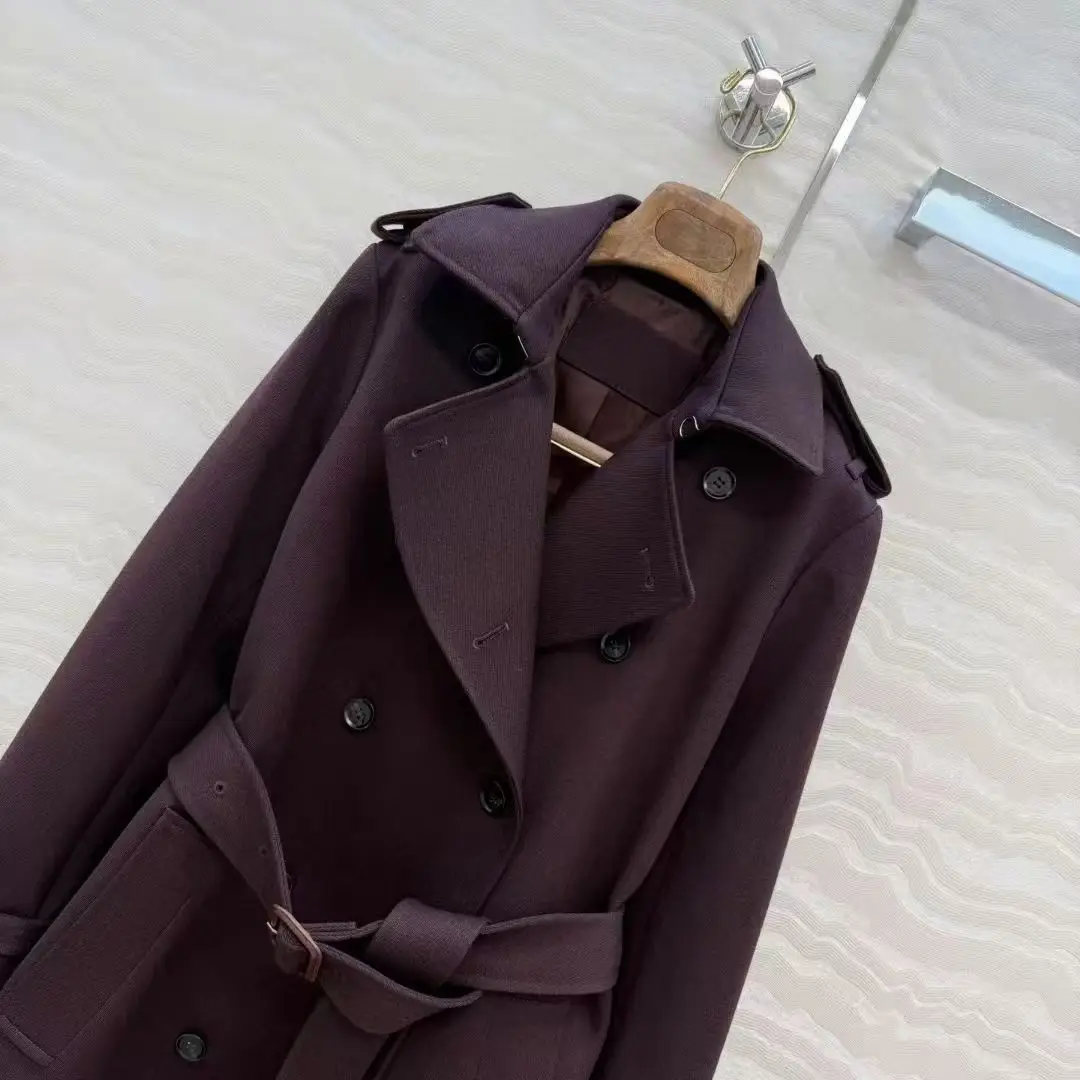 Giacca invernale da donna giacca a vento con cintura antivento e colletto piatto in tessuto di lana diagonale grossolana filata fine