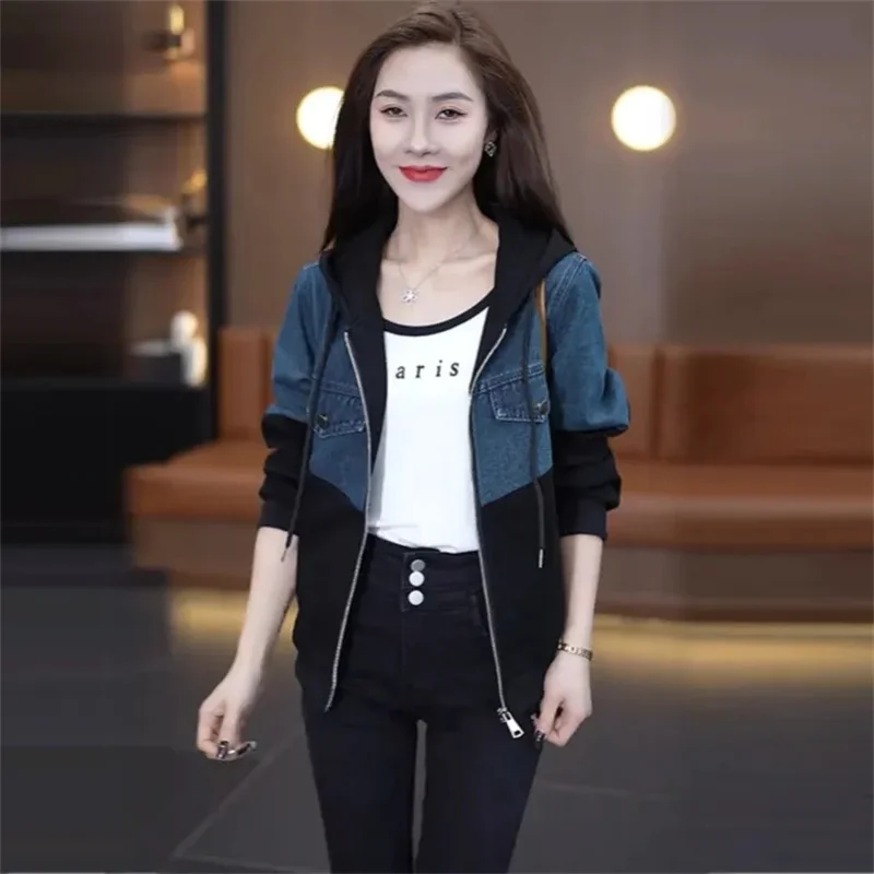 Splicing Short Denim Jacket Women\'s 2024 Spring And Autumn New Coat Korean Fashion Loose Casual Joker Hooded Top