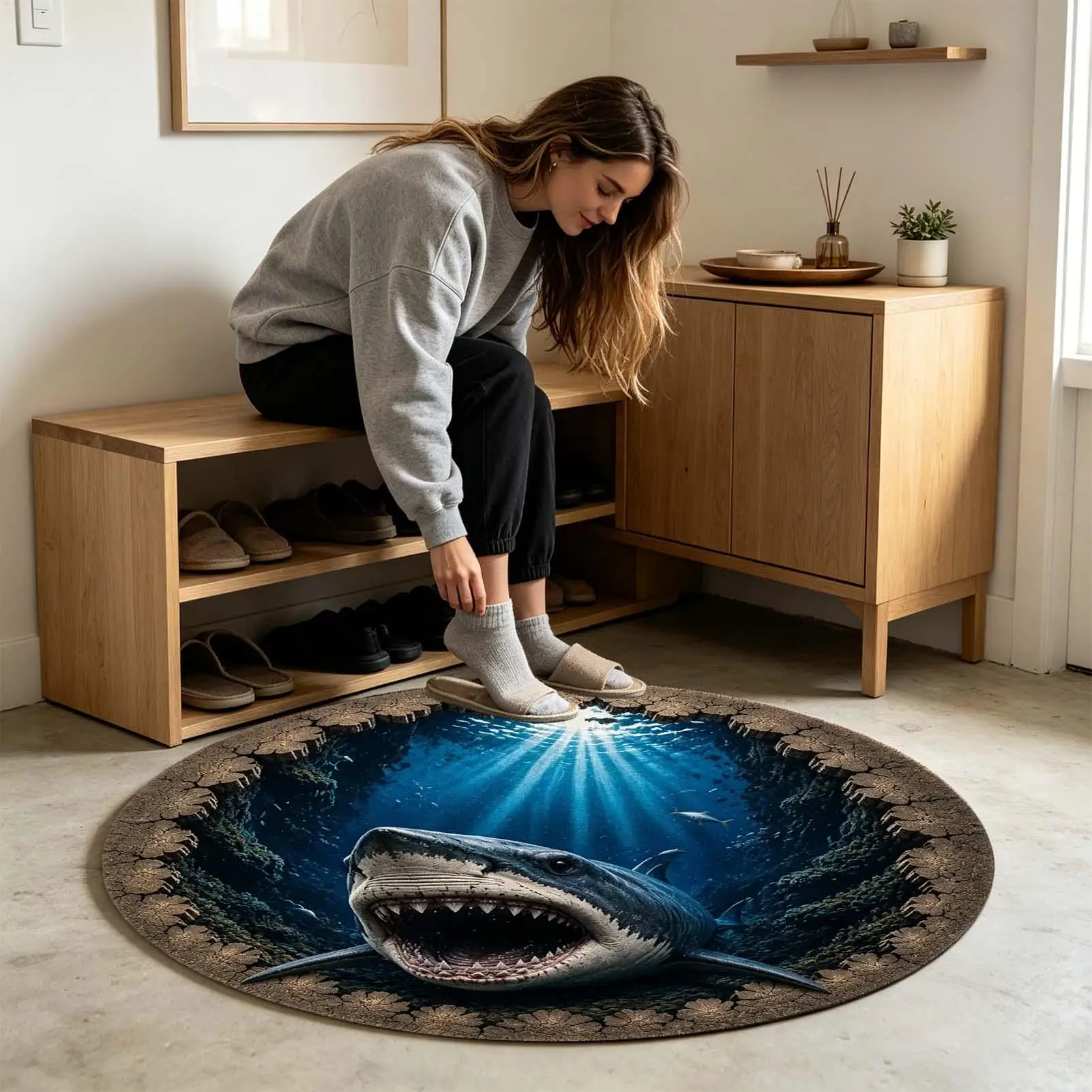40X40cm Sea Rug Sea Animal Optical Illusion Round Anti Slip Soft Carpet Marine Wildlife Rug Room Decor Pad for Home Living Room