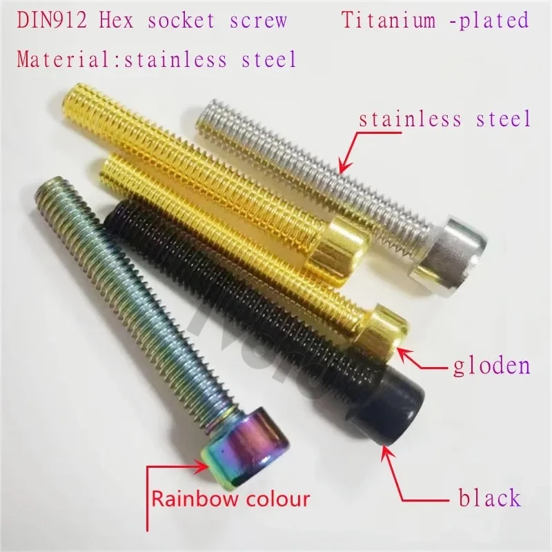 5pcs-10pcs DIN912 Titanium-plated Colorful Gloden black Stainless Steel M3 M4 M5 M6 hex socket cap head screw