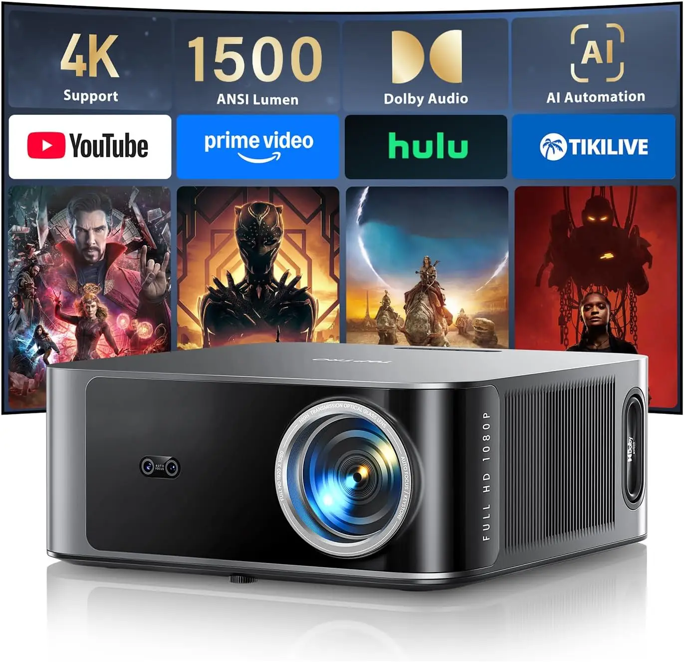 

[1500 ANSI/36W Dolby Audio/APPs]Smart-Projector-4K with WiFi6 and 2Way Bluetooth, AI Auto Focus Projector with Native 1080P, HDR
