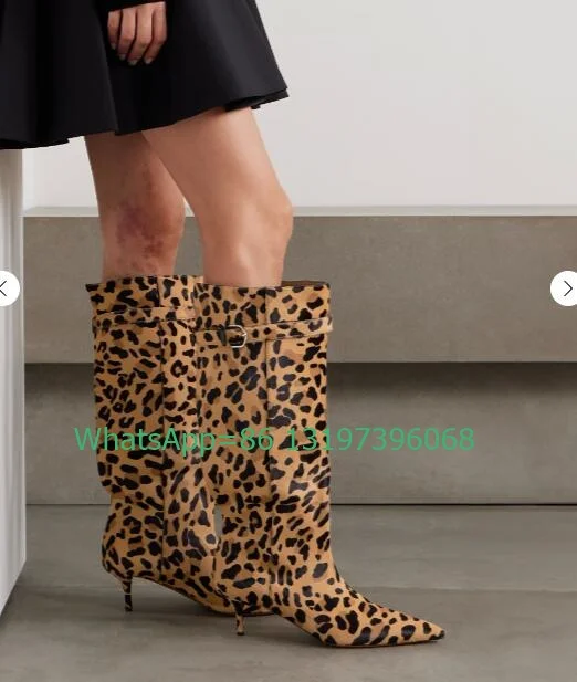 Stivali al ginocchio in pelle scamosciata con stampa leopardata pieghettati da donna stivali in pelle scamosciata con cinturino con fibbia a punta