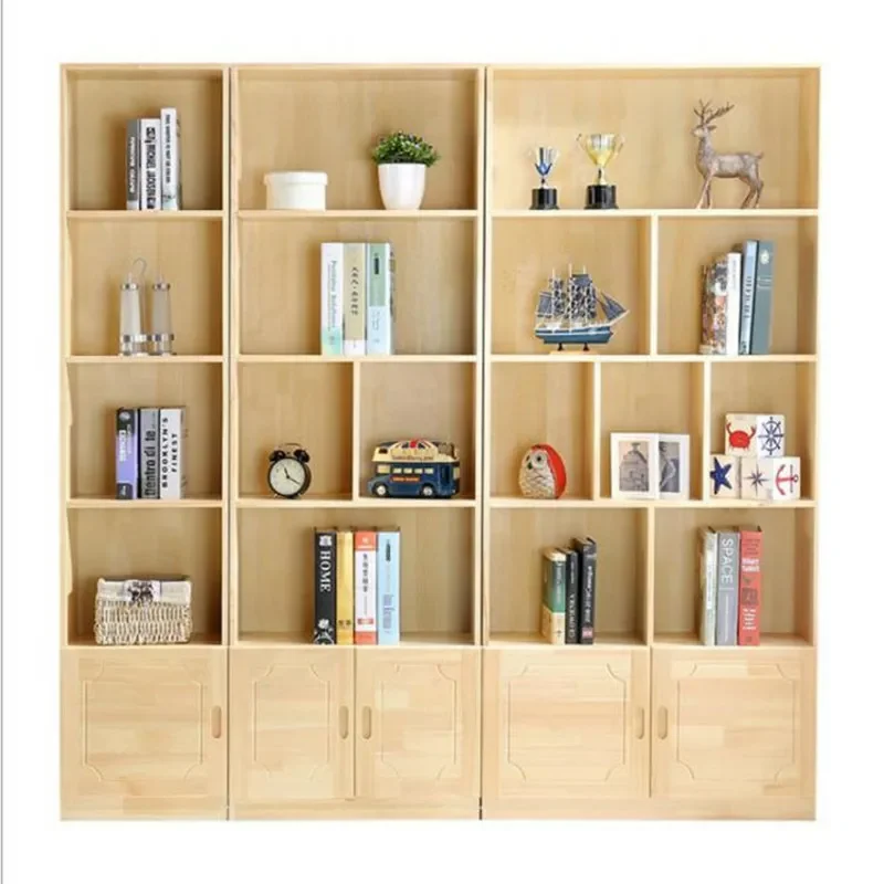 for Simple Solid Wood Bookshelf Children's Toy Rack with Cabinet Door Log Storage Library Combination Bookcase