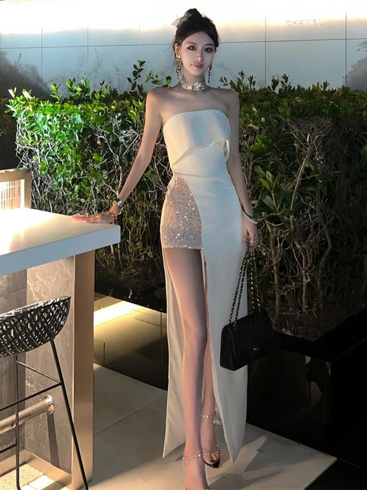 Vestido e branco para dama de honra, cintura alta, fenda longa, saia longa, vestido para festa de aniversário e noivad...