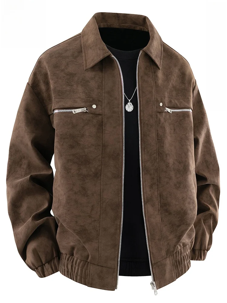 

Rn Men's Biker Jaet Casual American High Street Sle Zipper Closure Windproof Polyester Fiber Long Sve Stand Fit