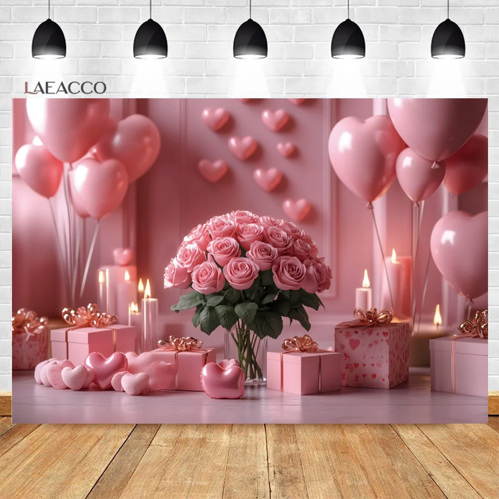 Laeacco Romantic Valentine's Day Candlelight Dinner Photo Backdrop Balloons Roses Exquisite Gift Candles Proposal Background