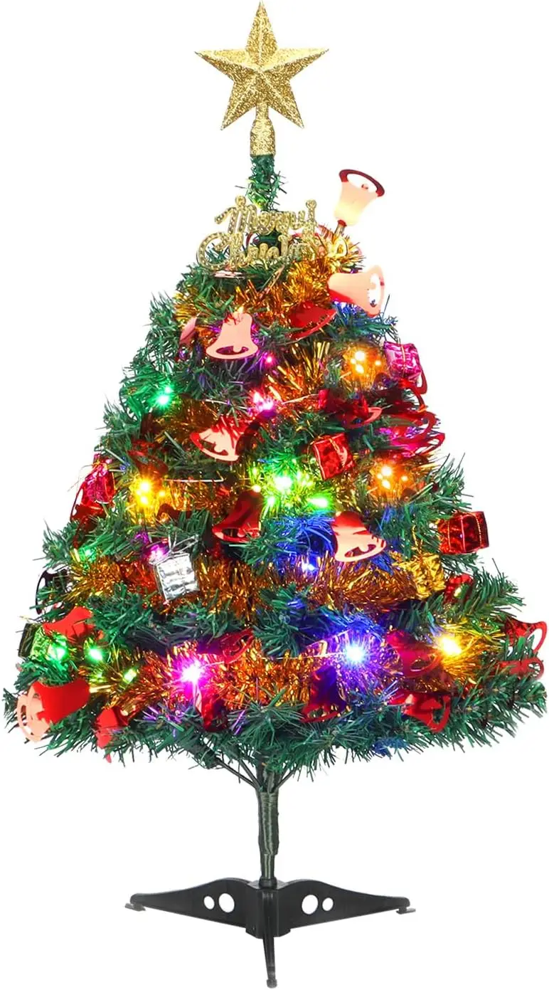 

2ft Mini Christmas Tree with Lights, Ornaments & Star Top – Festive Tabletop Decor