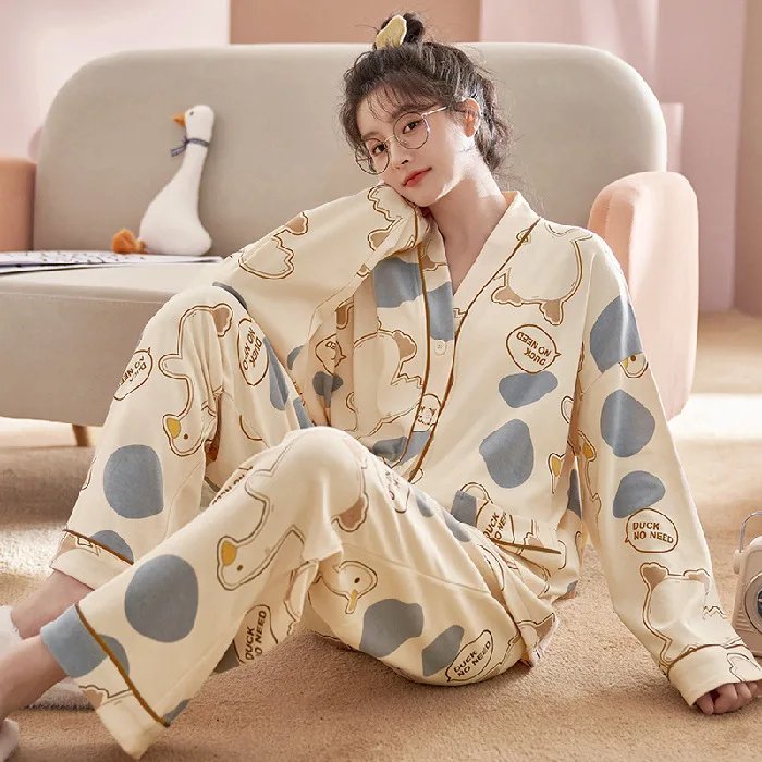 Japanese Kimono Style Autumn Winter Womens Pajamas Sets Cotton Long Sleeves Homesuits Casual V-neck Lapel Sleepwear