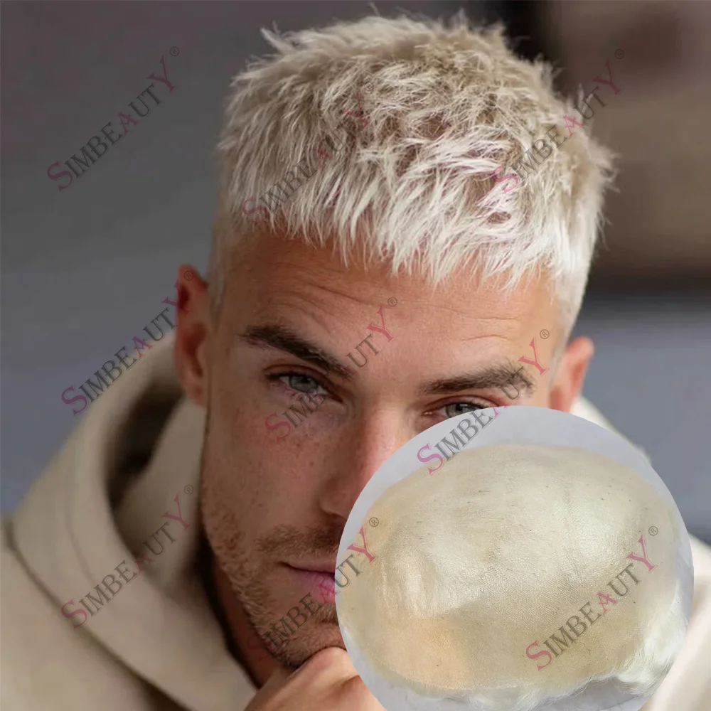 

60r# #613 Blonde 0.06mm Thin Skin Poly Transparent PU Men's HumanHair Prosthes Natural Hairline Toupee 1B20 520# 22r# White Grey