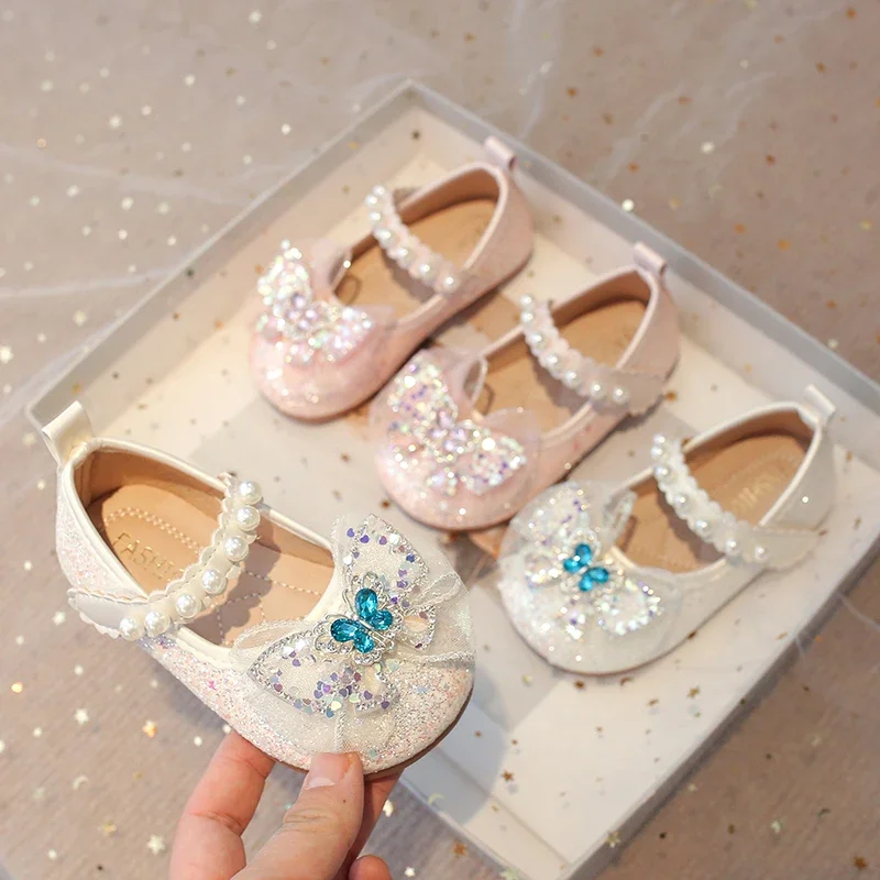 Little Girls Princess Shoes Sequins Lace Butterfly Beautiful Glitter Rhinestone Blue Crystal Kids Flats Chic Shoes Wedding Party