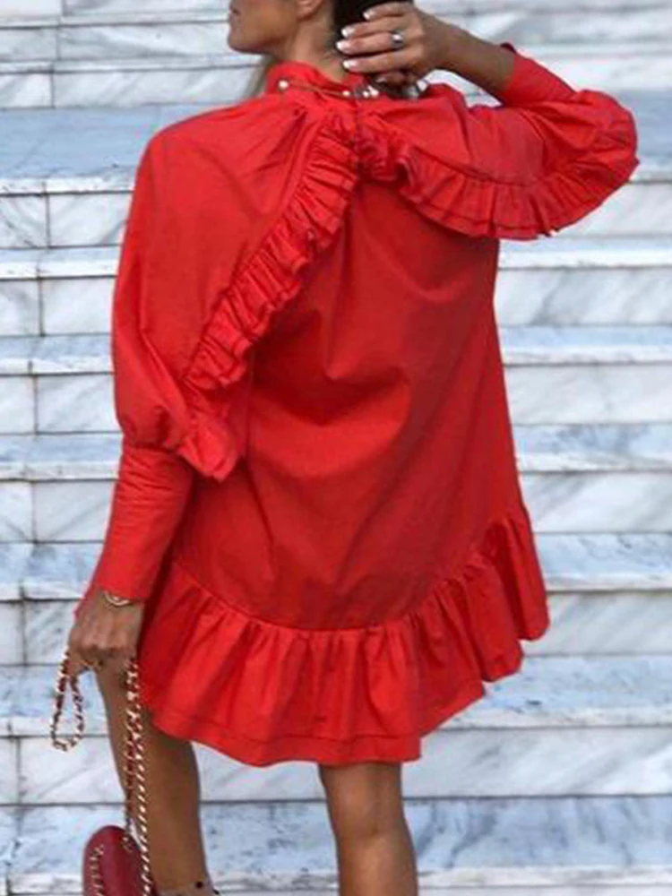2023 Autumn New Women's Solid Color Long Sleeve Dress Women's Vintage Style Casual Long Dress with Ruffled Edge Mini Dress