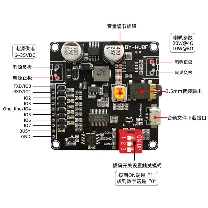 12V/24V Voice Playback Module One-to-one Trigger Serial Port Control  10W/20W   HV8F