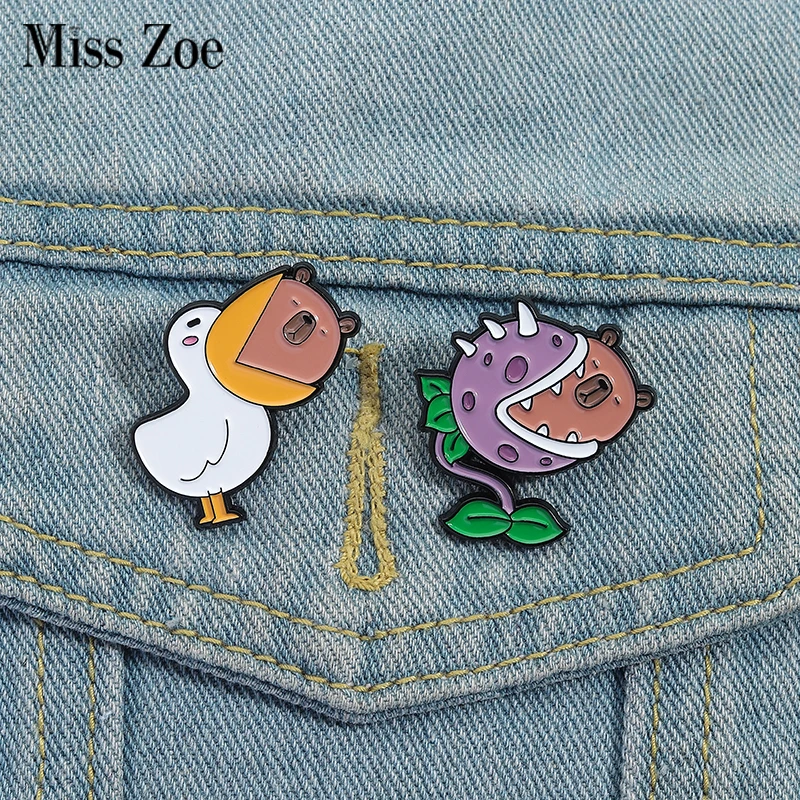 Alfileres esmaltados de piñones de pato, broches de flores de boca grande de piraña personalizados, insignias de solapa, ropa, joyería de animales, regalo para amigos