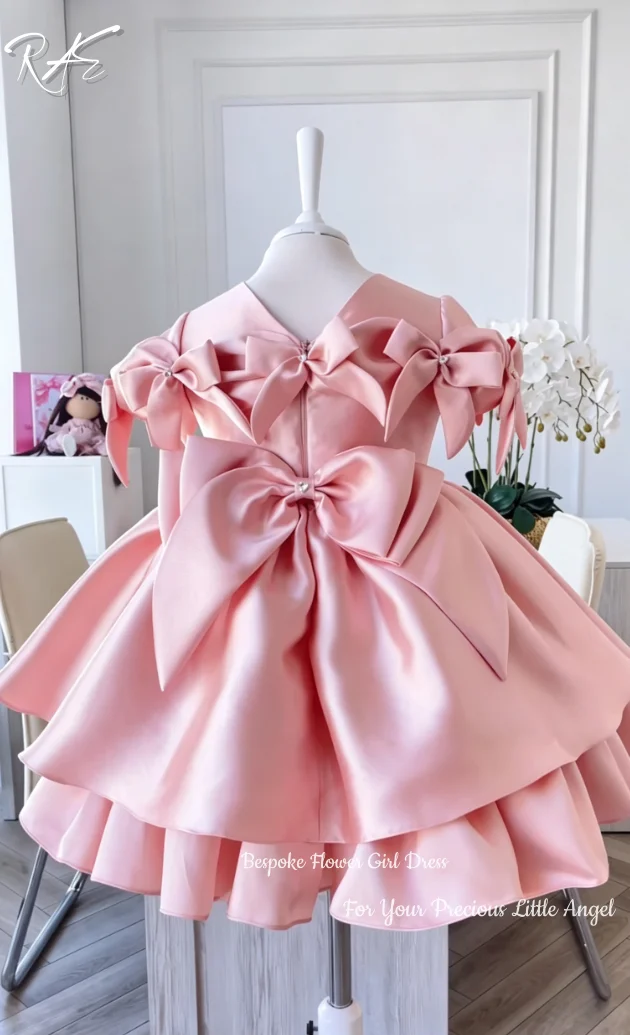Sweet Satin Multi‑Bow Flower Girl Dress For Wedding Birthday Pageant  A‑Line Knee‑Length Layered Princess Gown Customized