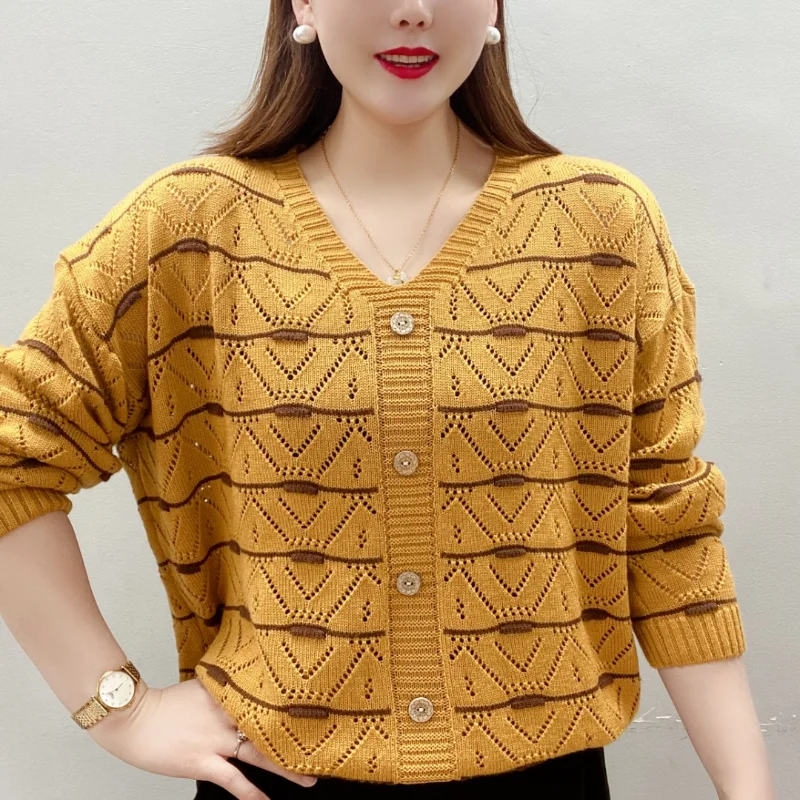 Fashion Simple Striped V-neck Hollowed Out Knit Sweater Women Color Blocking Spring Buttons Temperament Versatile Bat Sleeve Top