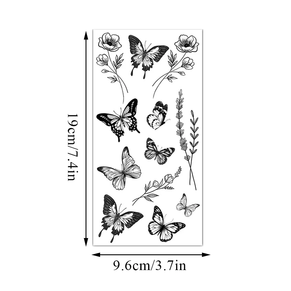 1 Sheet Black Flower Butterfly Temporary Tattoos For Women Men Wild Plant Fake Tattoo Sticker Adults Face Hands Body Art Tatoo