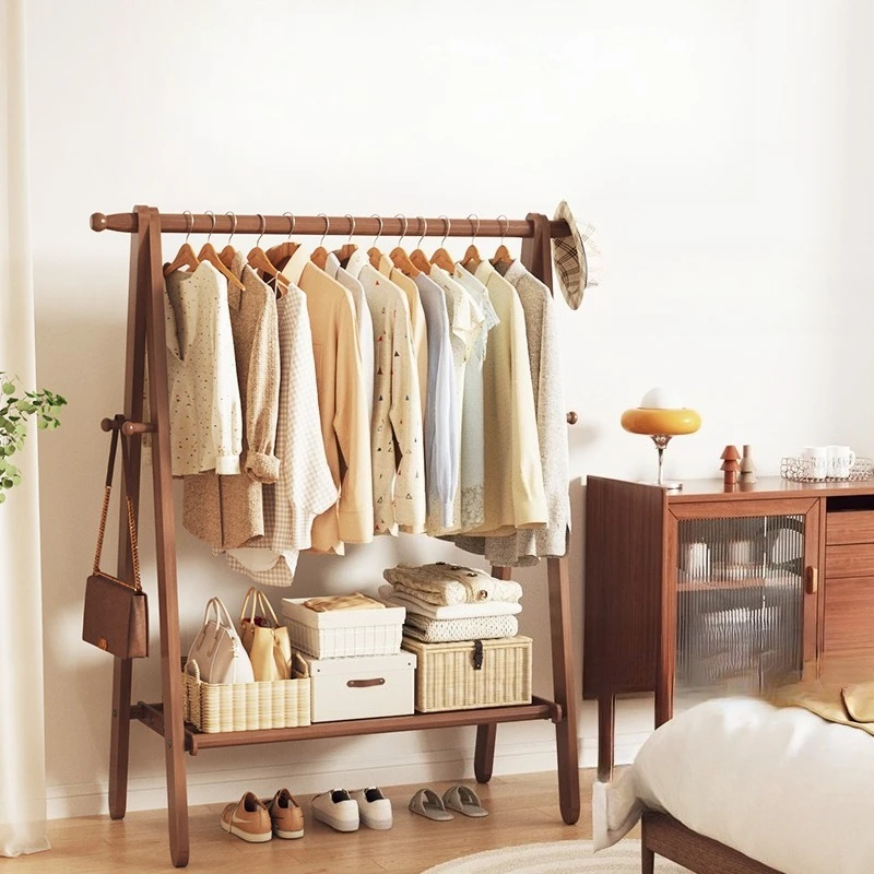 

Solid wood hanger Floor-to-ceiling bedroom coat rack Household room hanging clothes Vertical folding indoor wooden drying rack
