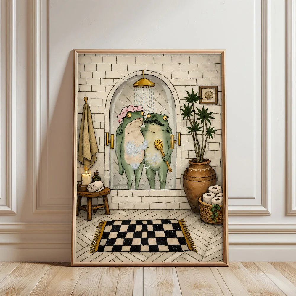 1pcs Unframed Whimsical Frog Couple Shower Quirky Canvas Poster Funny Bathroom Wall Art Print Cottagecore Vintage Painting