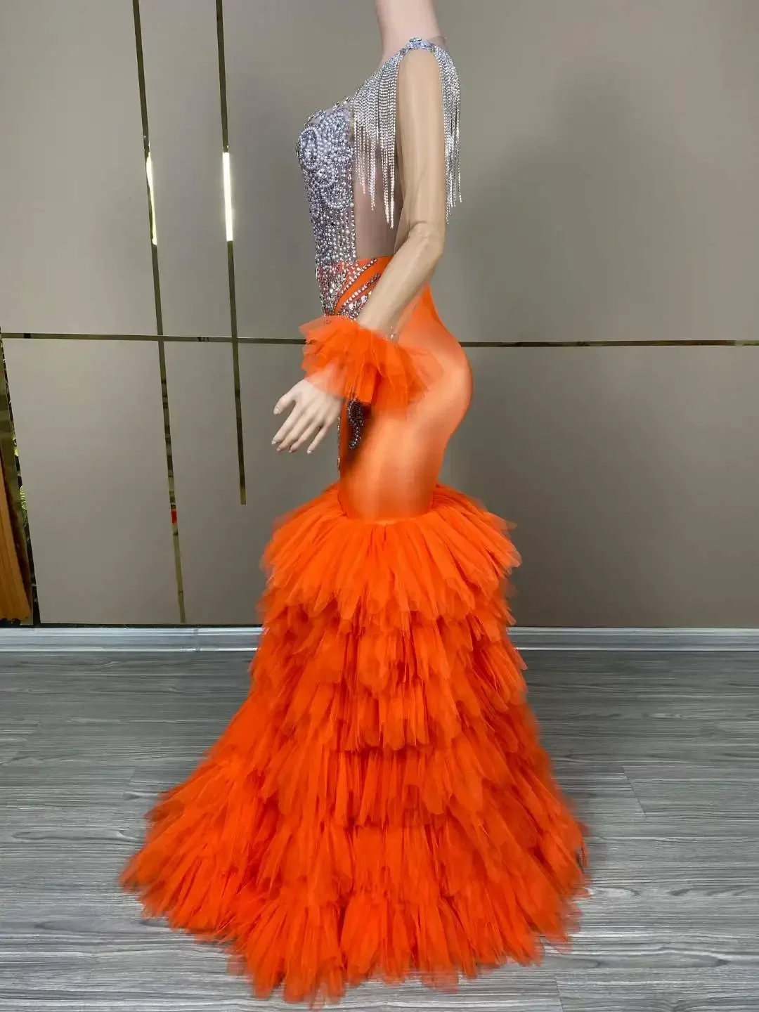 Orange Rhinestone Dresses Mesh Floor Long Dress Birthday Evening Prom Wedding Stage Wear Drag Queen