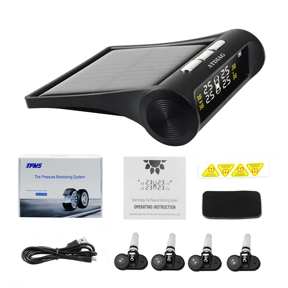 Solar Power USB TPMS Car Tire Pressure Monitoring System LCD 4 External / Internal Sensors for SUV Sedan Temperature Warning