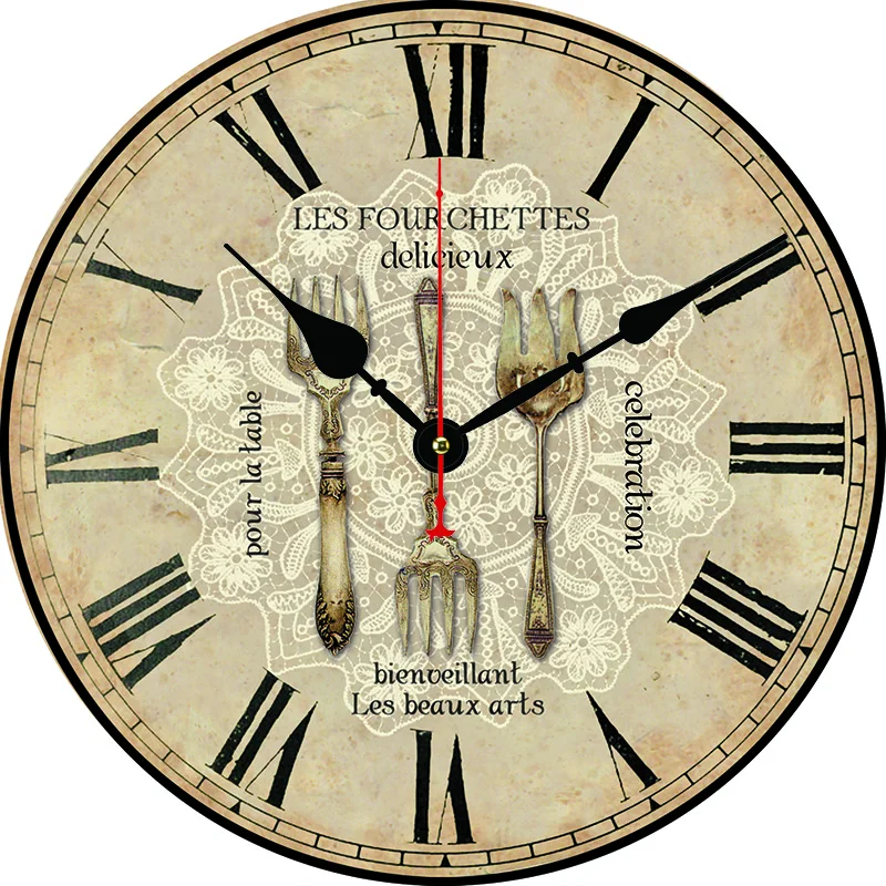 Reloj de pared redondo con diseño de utensilio de cocina Vintage, sala de estar, dormitorio, cocina, decoración del hogar, reloj de pared, reloj de cuarzo silencioso