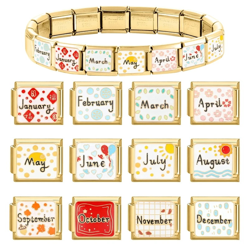 Fashion 12 Month August September October Gold Color Italian Charm Links Fit 9mm Stainless Steel Bracelet DIY Making Gifts