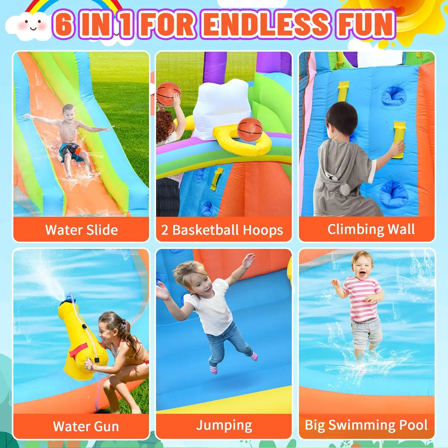Inflatable Bounce House for Kids, 12.8 FT x 12 FT Water Slide Bouncy Castle, Rainbow Cloud Splash Pool, Jumper, Climbing Wall, 2 view 3