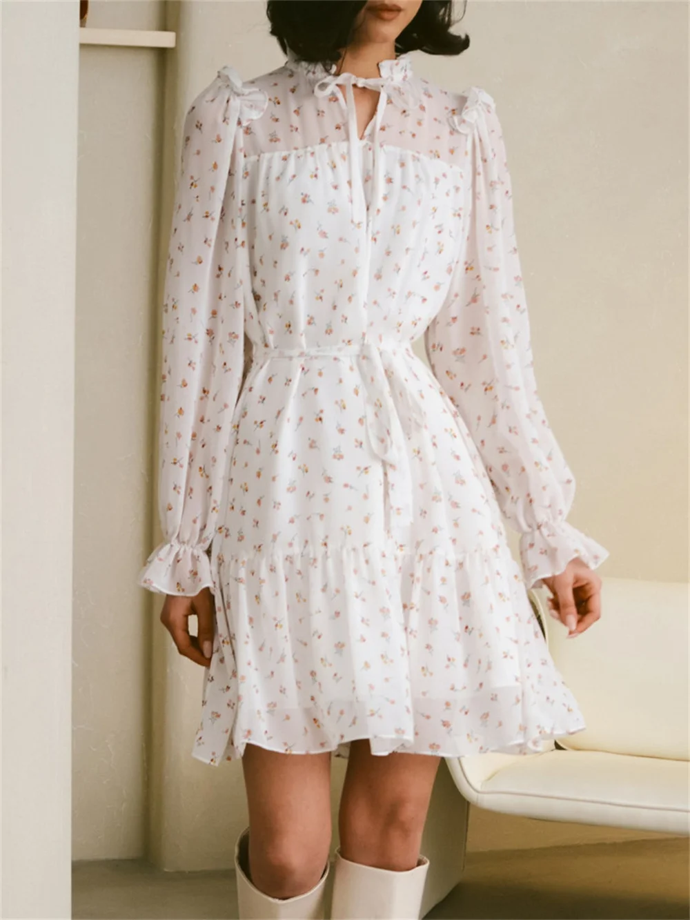 

Women Chiffon Long Sleeve Dress Summer White Floral lace up Pleated V-neck Knee-Length Mini Elegant Chic Dress Vestido