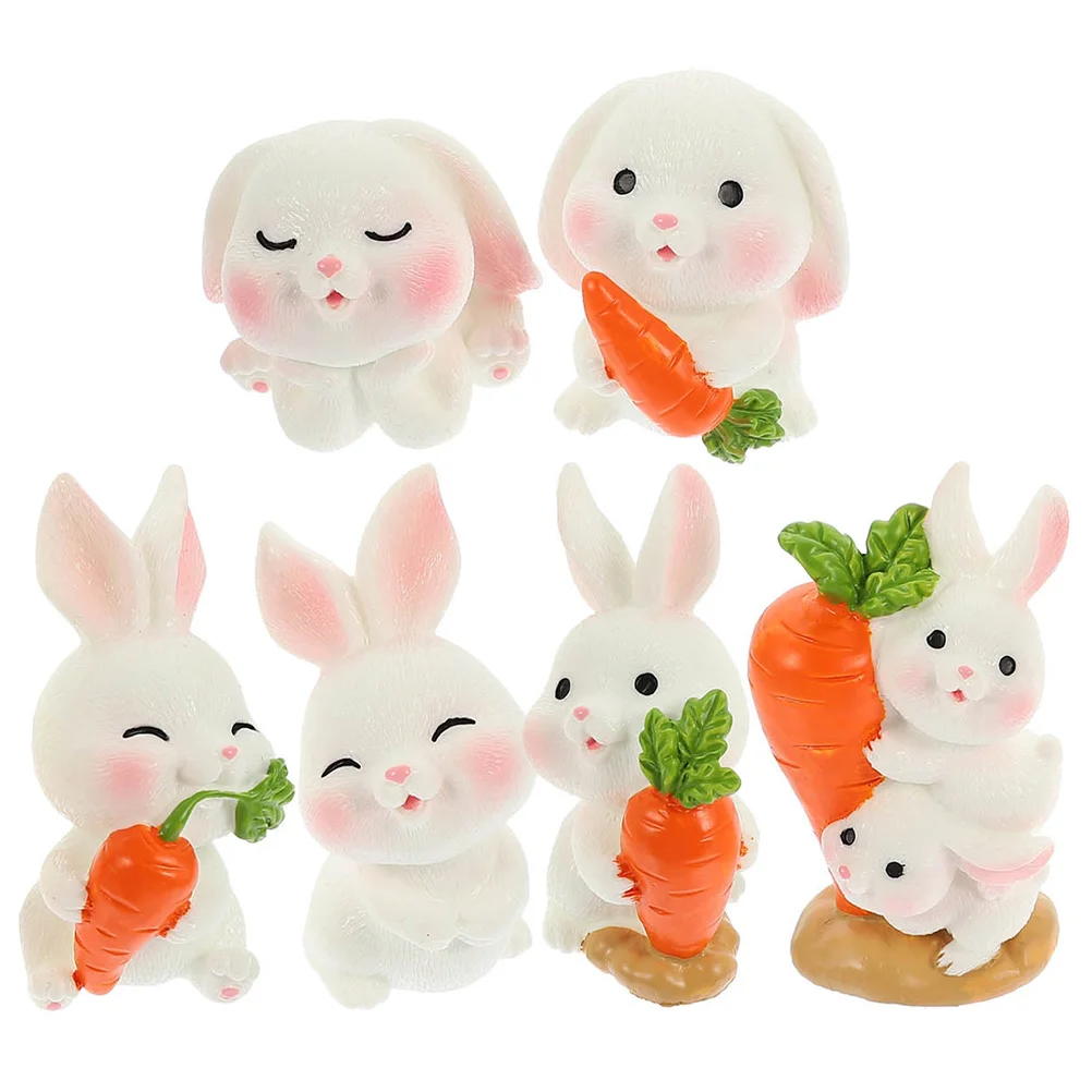 6 Pcs Little Bunny Ornaments Animal Plants Resin Adornments Rabbit Flowerpot Decorative Carrot Mini Garden for Micro Landscape