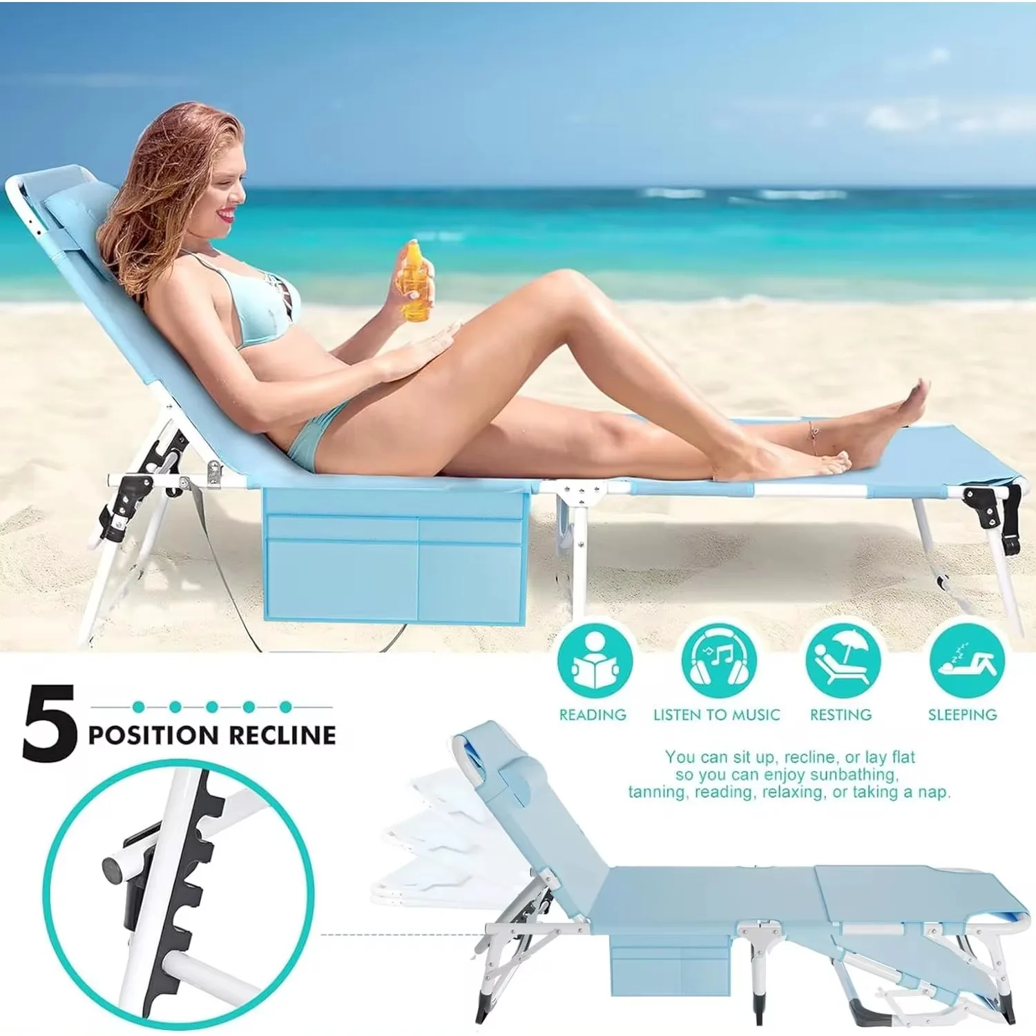 2PACK 3IN1 Chaise Lounge, 500lb Bearing Heavy Duty Adjustable Sun Tanning Lounge Chair, with Mattress, for Beach, Poolside