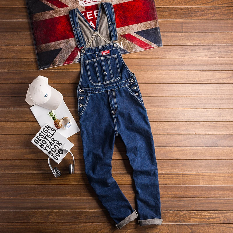 

American Sle Loose Fit Men's Denim Overalls Deep Blue Casual Jeans Youth Trendy Wear for Both Men And Women