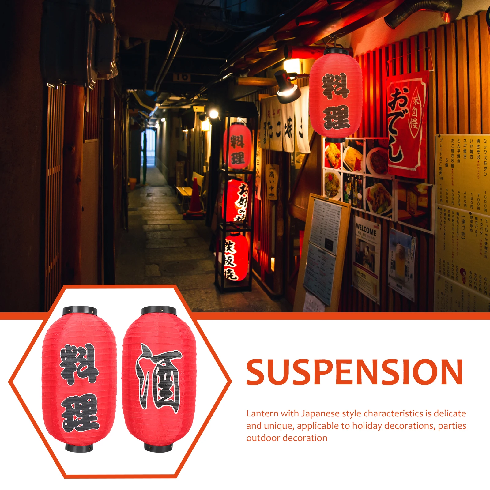 

2pcs Classic Red Japanese Style Waterproof Hanging Lanterns Plastic Iron Material Indoor Outdoor Decor Restaurant Sashimi Shop