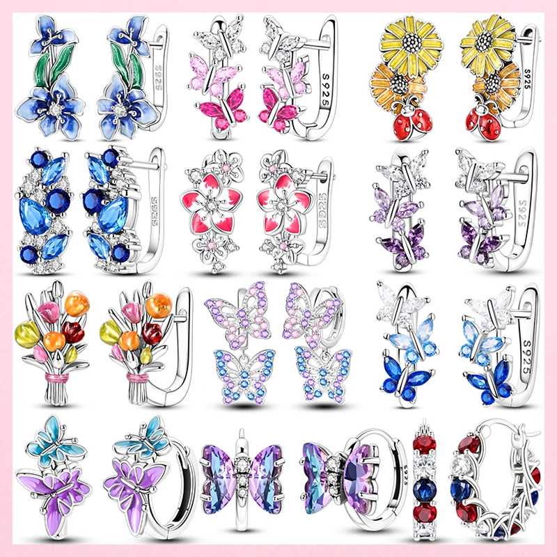 Original 925 Sterling Silver Enamel Sunflower and Ladybug Earring Colored Hoop Earrings Women Female Party Fine Earring Jewelry