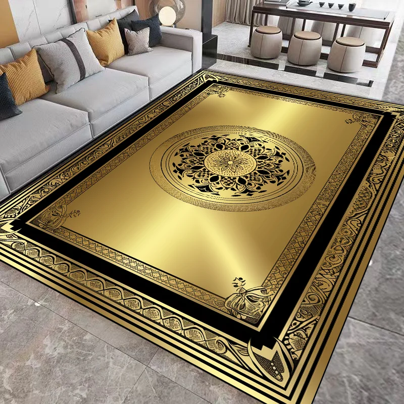 Luxury Living Room Carpets Golden Black Decoration Carpet Hotel Hall Sofa Floor Mat Soft Washable Room Decor Corridor Large Rugs