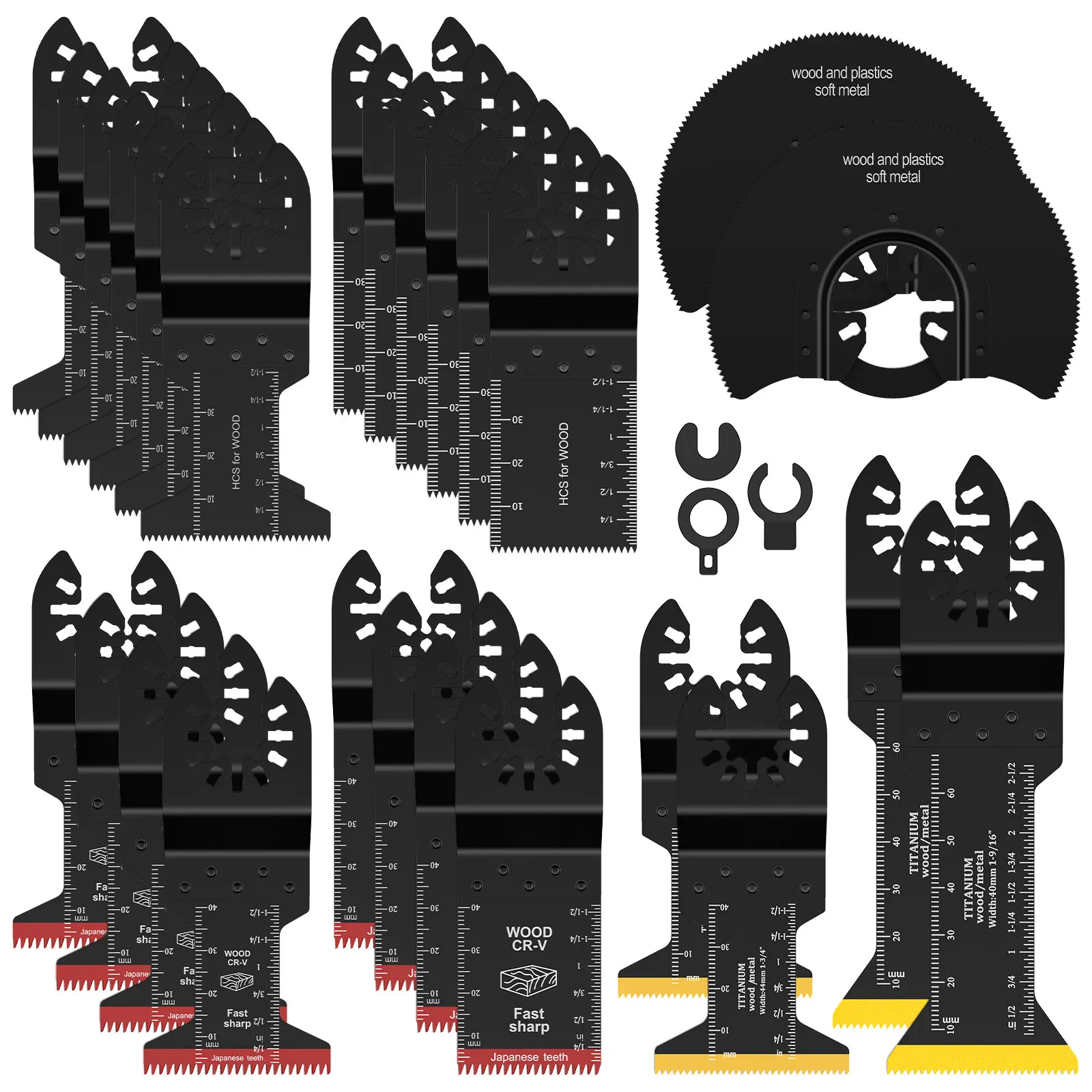 Oscillating Saw Blade Set 10/18/26Pcs Universal Titanium Bimetal Oscillating Multitool Blade with 3 Adapter for Wood PVC Cutter
