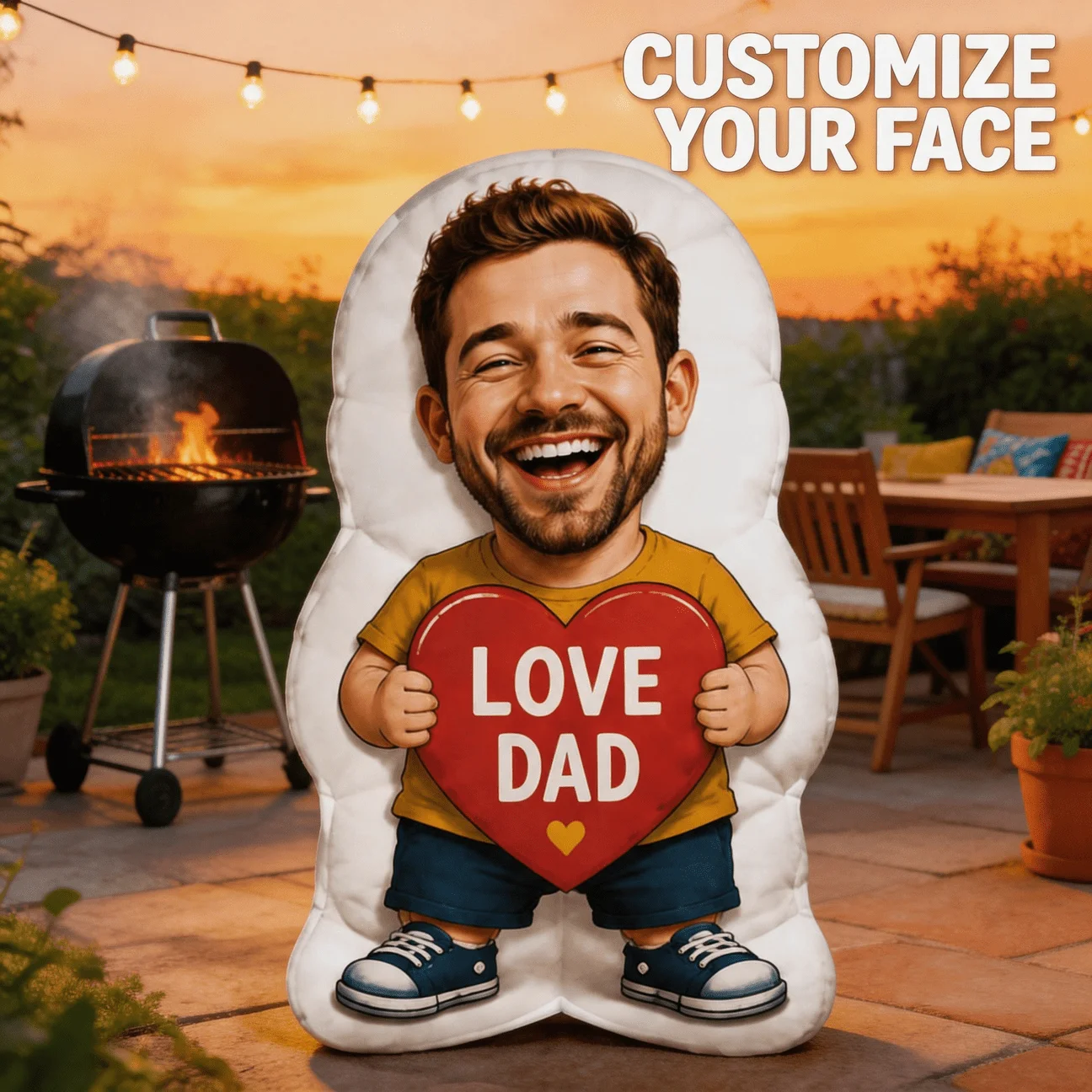 Custom Photo Shaped Pillow, Personalized Face Holding Love Dad Heart Decorative Cushion, Funny Smiling Man Caricature Accent Pil