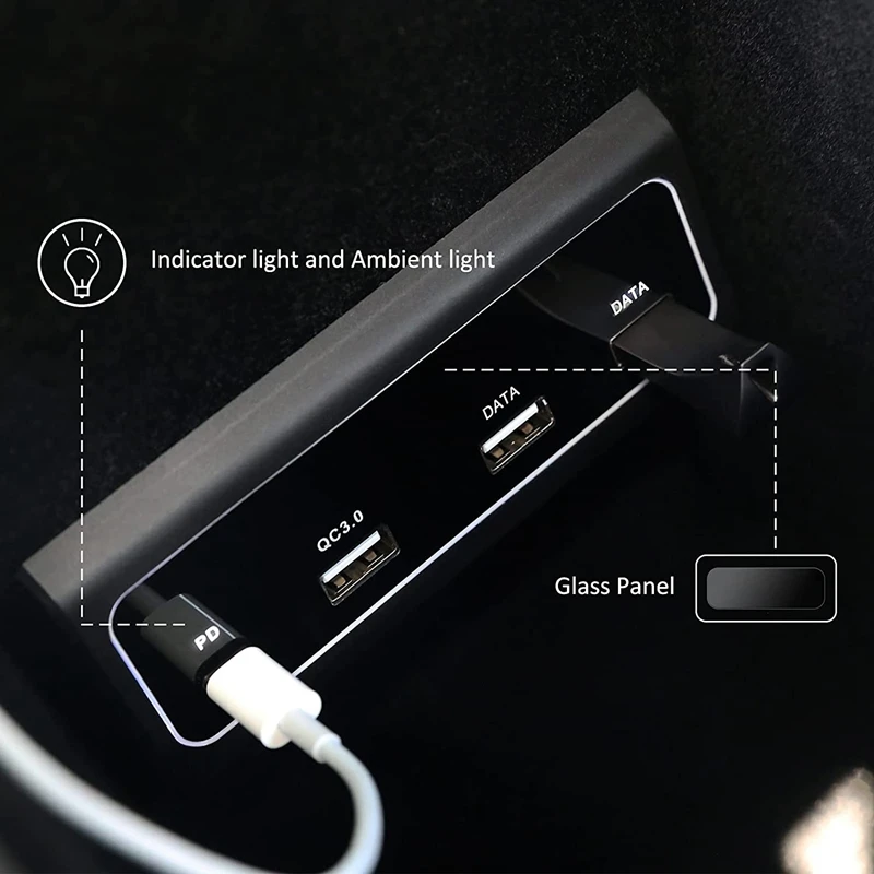 4 In 1 USB Hub Multiport Adapter, For Tesla Model3 Y Center Console HUB With Dual DATA Ports PD Fast Charge