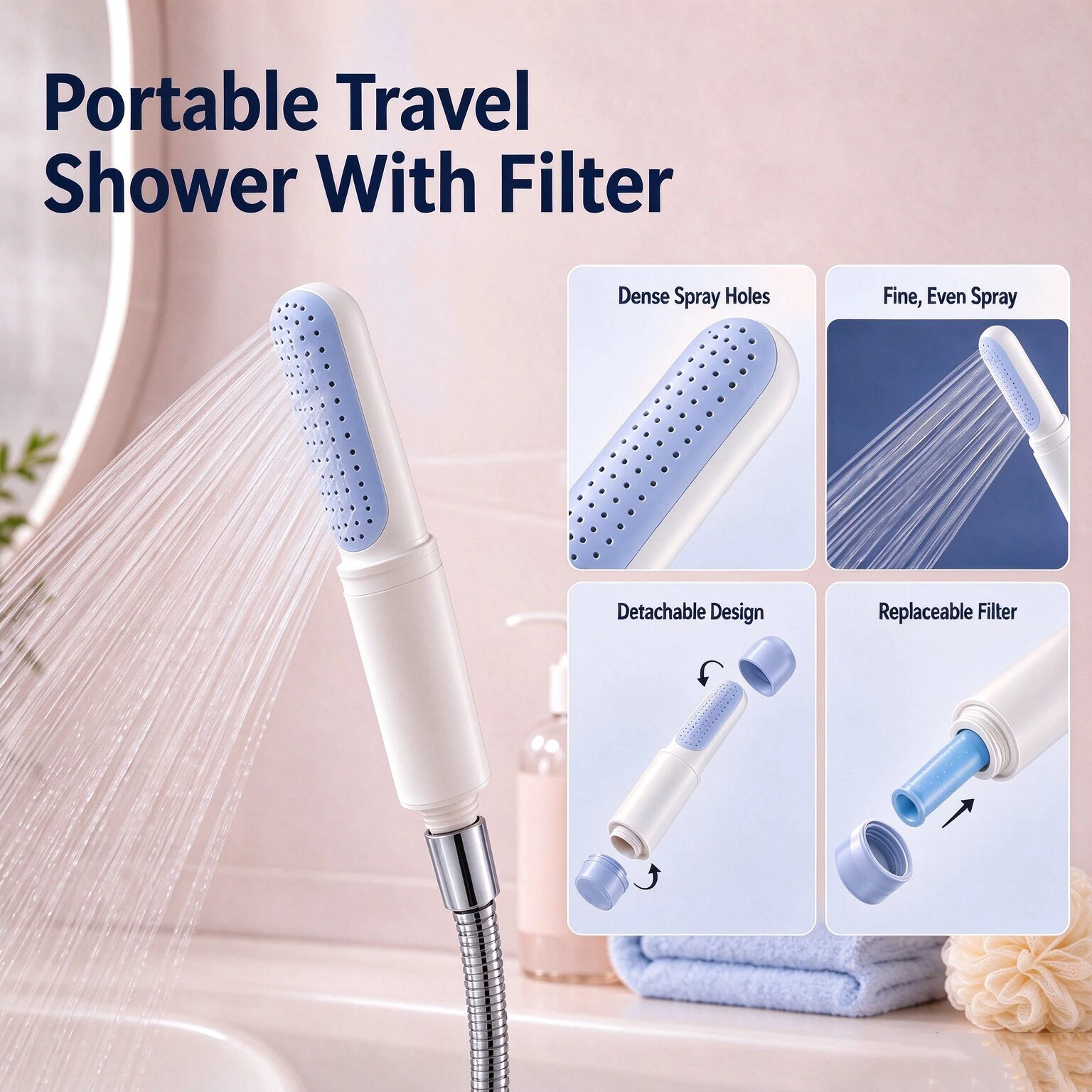 Portable Travel Shower Head With Filter Even Spray Detachable Design Multi-layer PP Cotton Filtration Shower For Hotel Bathroom