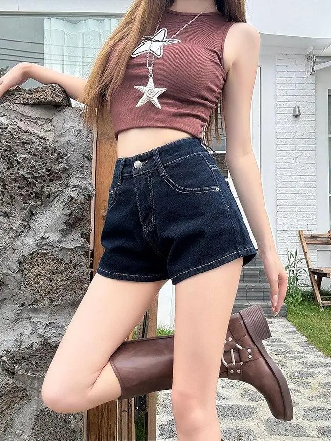 

Retro Denim Shorts High Waist Wide Leg A-Line Hot Pants Women's Summer New Style Washed Loose Versatile Casual Cotton Blend