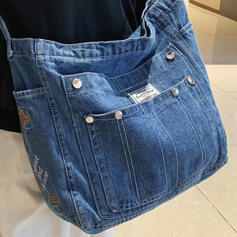 2024 Female Denim Shoulder Bag Vintage Embroidered Women's Large Shopper Original Handbag Ladies Light Blue Niche Crossbody Bags