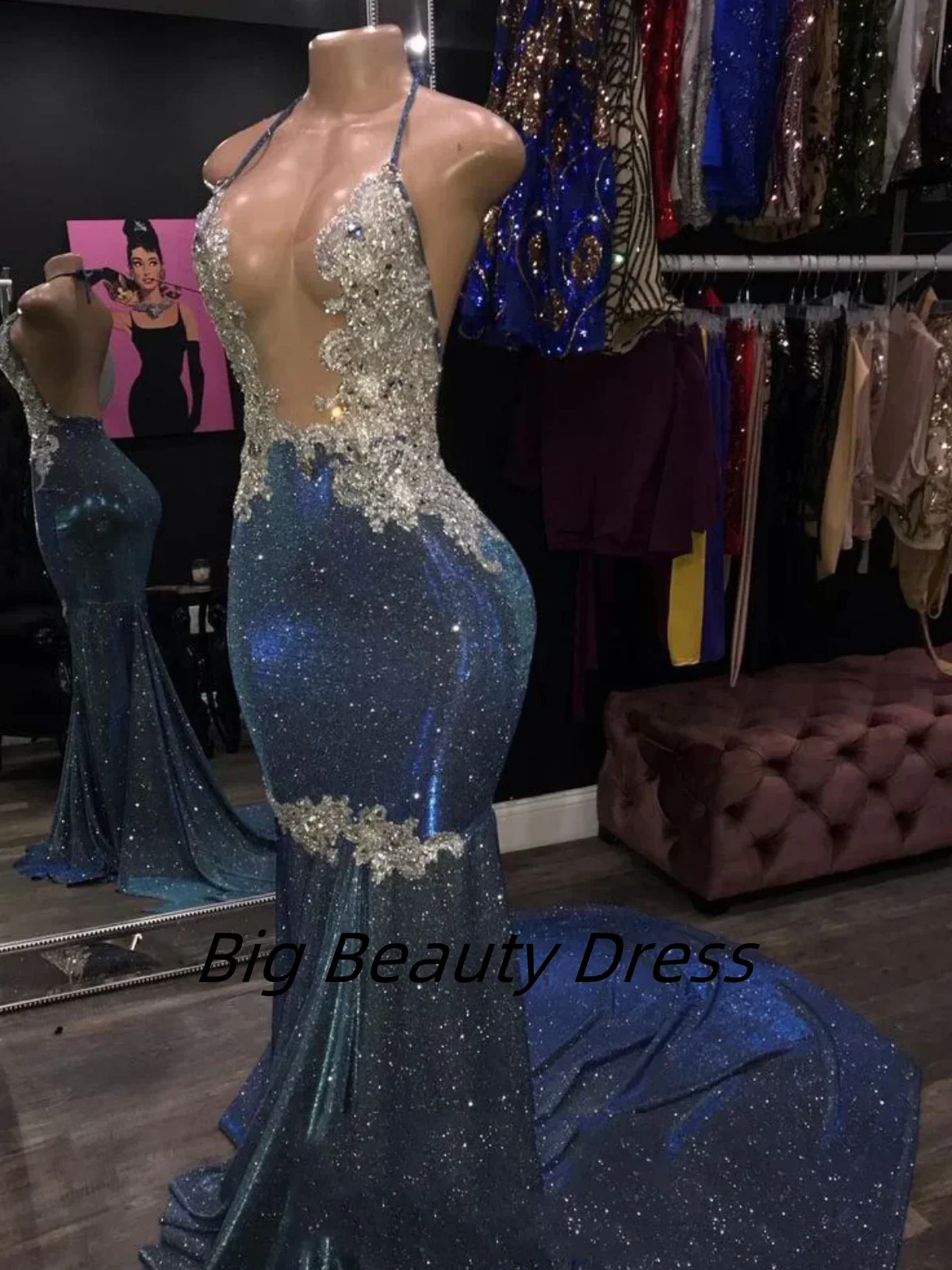 

TIANTIAN Customized Luxury Beaded Diamond Sexy Lace Sparkly Navy Blue Real Picture Prom Gala Gowns Party Women Dress فساتي