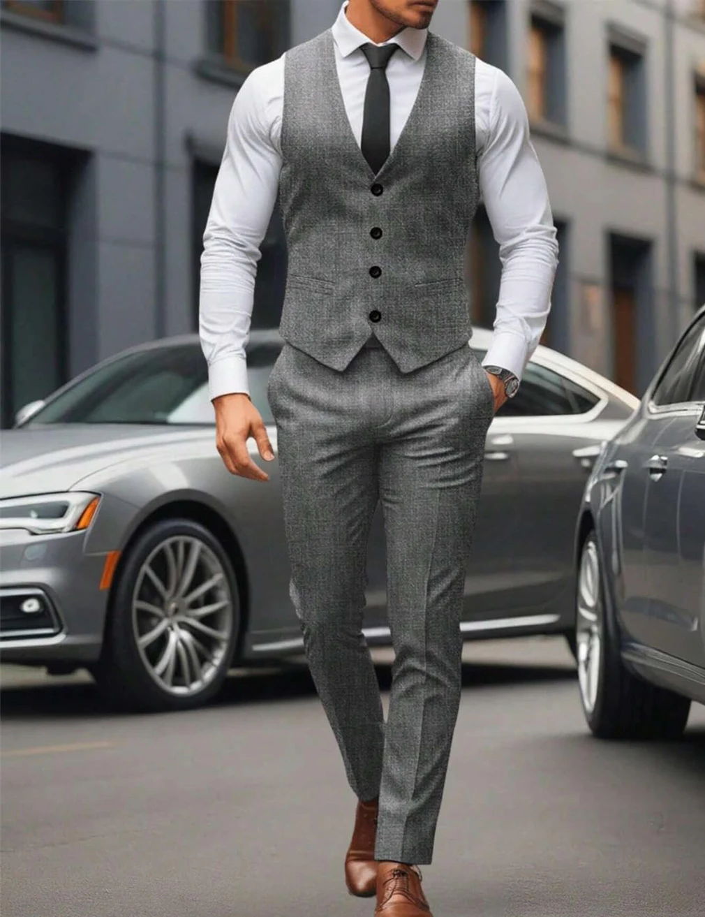 

Light Blue Grey Linen Summer Men Suits 2 pieces Vest Pants Groom Tuxedos Wedding Prom handsome Wear Slim fitting Vest