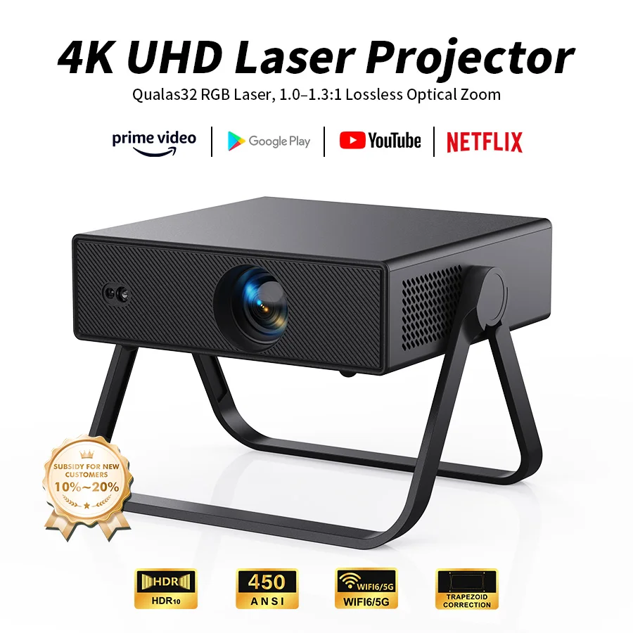 Tragbarer Smart LED-Videoprojektor mit nativer 720P-Unterstützung für 4K HD, WIFI6+5G, Bluetooth 5.2, Autofokus, 360°-Zoom °   Drehbarer Outdoor-Kino-Projektor für Schlafzimmer