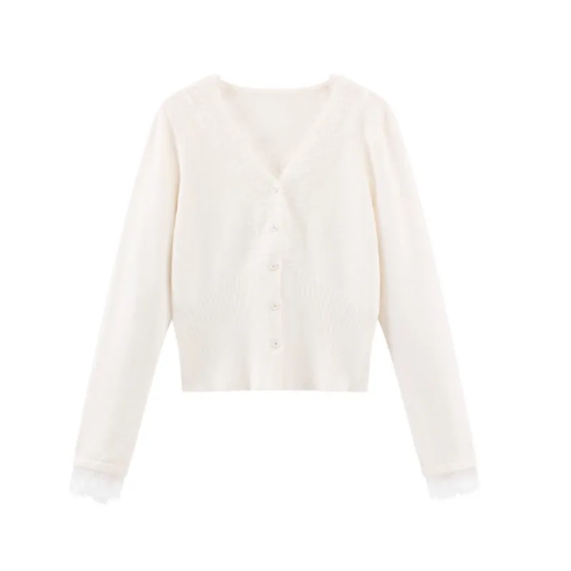 Elegant Lace Trim Knit Cardigan Sweater for Women Soft V-Neck Button Top Sweet Long Sleeve Layering Outfit for Winter Daily Wear