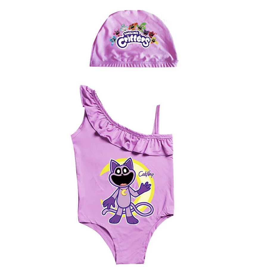 Bañador de una pieza para niños y niñas, traje de baño de dibujos animados, con estampado de Critters sonrientes, bonito gorro de baño para playa